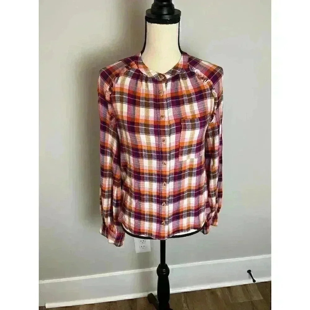 Anthropologie Pilcro Shirt Womens Sz XS Breezy Plaid Ruffle Long Sleeve Top EUC